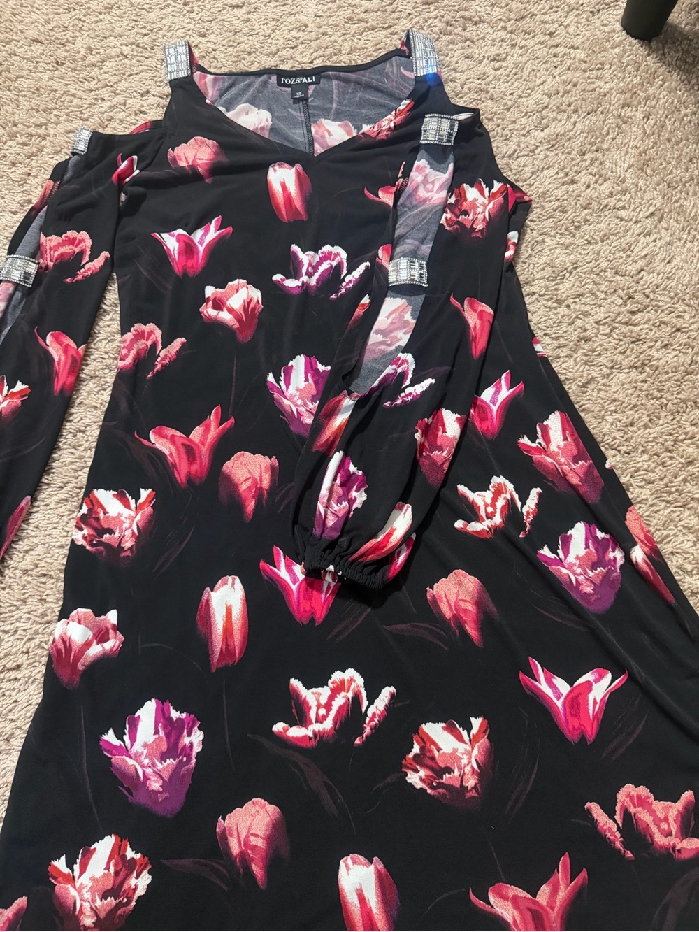 Roz & Ali Black Cold-Shoulder Floral Nightdress - Pink & Purple Blooms